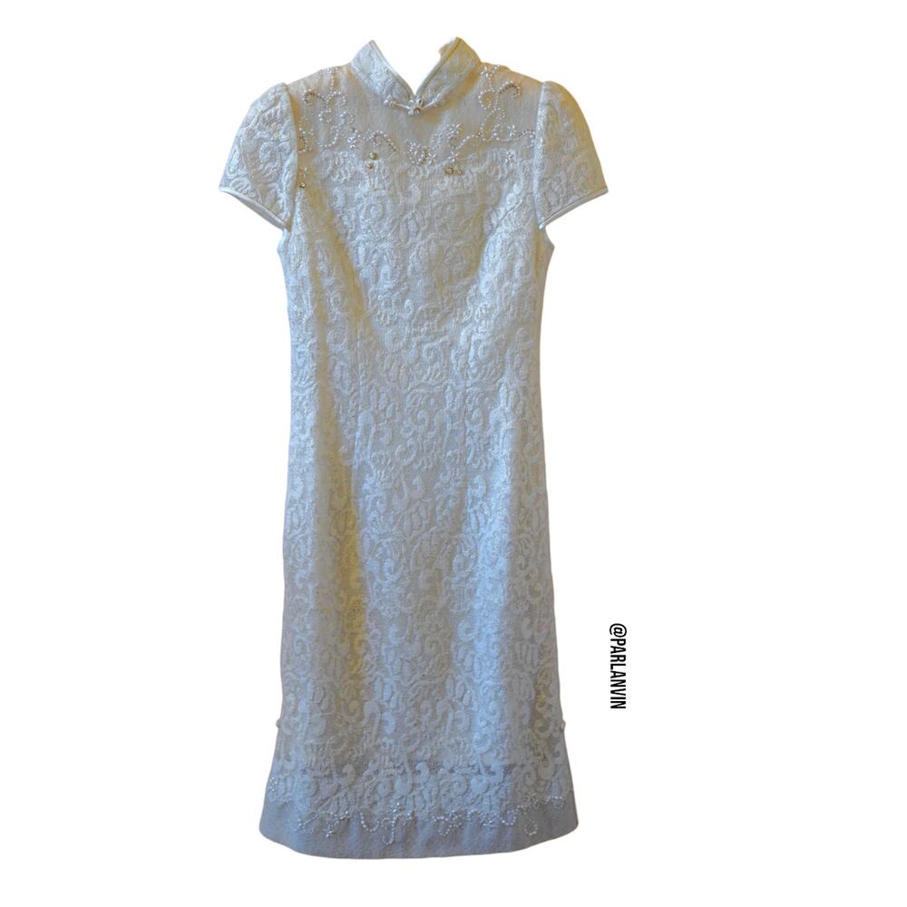 Londee Qipao Embroidered Jacquard Lace Cap Sleeve Collar Dress Ivory Size XS